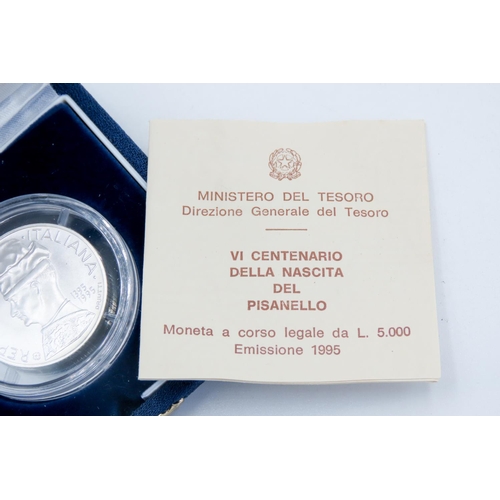 276 - Silver L 5000 Commemorative Coin VI Centenario Della Nascita Del Pisanello Emissione 1995 Encapsulat... 