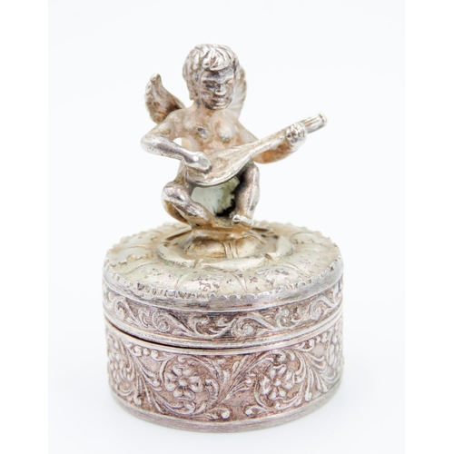 280 - Silver Keepsake Box Cherub Motif Incised Detailing Hinge Cover 3cm Diameter 4cm High