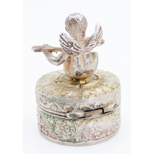 280 - Silver Keepsake Box Cherub Motif Incised Detailing Hinge Cover 3cm Diameter 4cm High