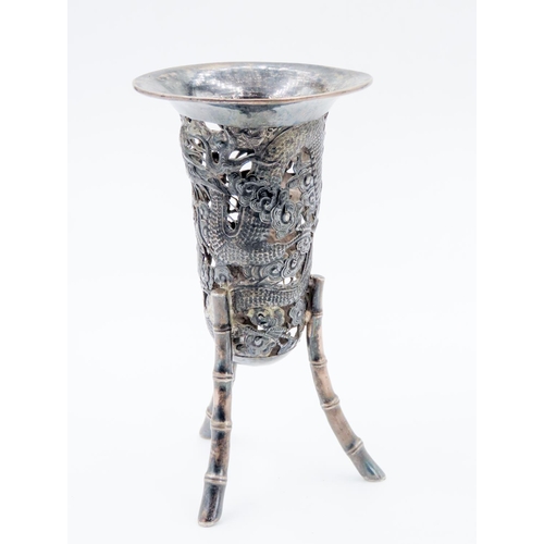 287 - Chinese Hong Kong  Silver Spill Vase or Incense Burner Bamboo Motif Shaped Supports Finely Detailed ... 