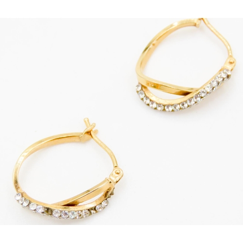 293 - Pair of 9 Carat Yellow Gold Gem set Crossover Form Hoop Earrings 1.5cm High