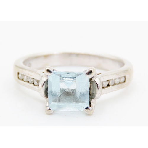 294 - Square Cut Aquamarine Solitaire Four Claw Set in 9 Carat White Gold Further Diamonds Set to Shoulder... 