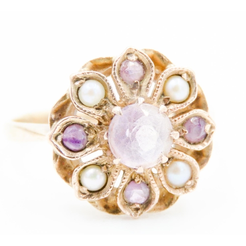 297 - Finely Detailed Amethyst and Seed Pearl Set Ladies Flower Form Ring Mounted in 9 Carat Yellow Gold R... 