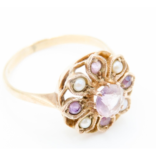 297 - Finely Detailed Amethyst and Seed Pearl Set Ladies Flower Form Ring Mounted in 9 Carat Yellow Gold R... 