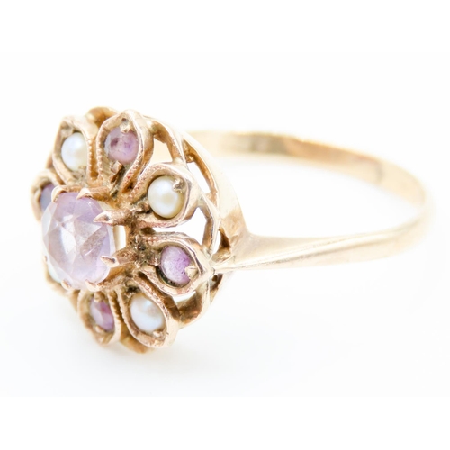 297 - Finely Detailed Amethyst and Seed Pearl Set Ladies Flower Form Ring Mounted in 9 Carat Yellow Gold R... 