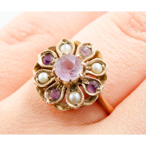 297 - Finely Detailed Amethyst and Seed Pearl Set Ladies Flower Form Ring Mounted in 9 Carat Yellow Gold R... 