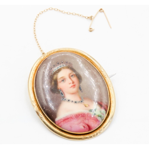 302 - 9 Carat Yellow Gold Framed Portrait Miniature Brooch with Safety Chain Present 5cm High