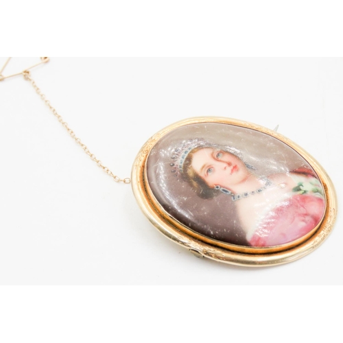 302 - 9 Carat Yellow Gold Framed Portrait Miniature Brooch with Safety Chain Present 5cm High