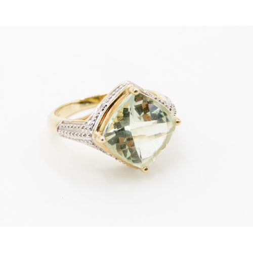 309 - Facet Cut Green Prasiolite Single Stone Ring Mounted in 9 Carat Yellow Gold Further Diamond Inset to... 