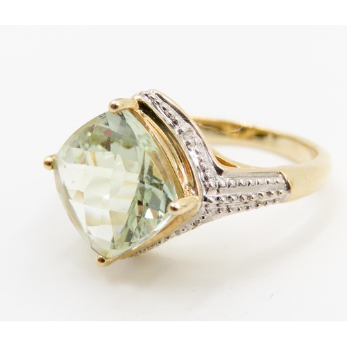 309 - Facet Cut Green Prasiolite Single Stone Ring Mounted in 9 Carat Yellow Gold Further Diamond Inset to... 