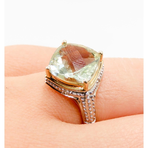 309 - Facet Cut Green Prasiolite Single Stone Ring Mounted in 9 Carat Yellow Gold Further Diamond Inset to... 