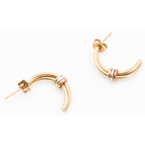 315 - Pair of 9 Carat Yellow Gold Crossover Form Earrings with Tri-Gold Knot Motifs 2cm High