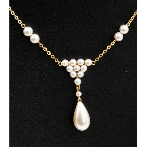 32 - Finely Detailed Ladies Pearl Set Necklace Mounted on 9 Carat Yellow Gold 40cm Long  Pearl Drop Furth... 