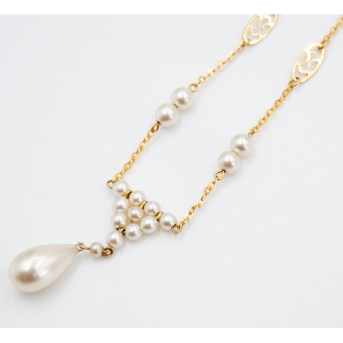 32 - Finely Detailed Ladies Pearl Set Necklace Mounted on 9 Carat Yellow Gold 40cm Long  Pearl Drop Furth... 