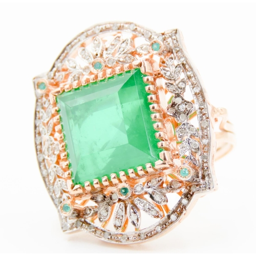 322 - Emerald and Diamond Set Statement Ring Attractively Detailed Set in 9 Carat Rose Gold and Silver Rin... 