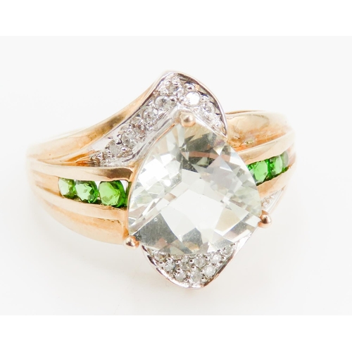 326 - Triangle Facet Cut Prasiolite Centre Stone Ring Diamond Cluster Surround Further Green Tourmaline Se... 