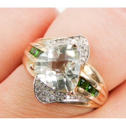 326 - Triangle Facet Cut Prasiolite Centre Stone Ring Diamond Cluster Surround Further Green Tourmaline Se... 