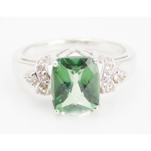 327 - Facet Cut Green Amethyst Centre Stone Ring Further Diamonds Set to Shoulders Mounted in 9 Carat Whit... 