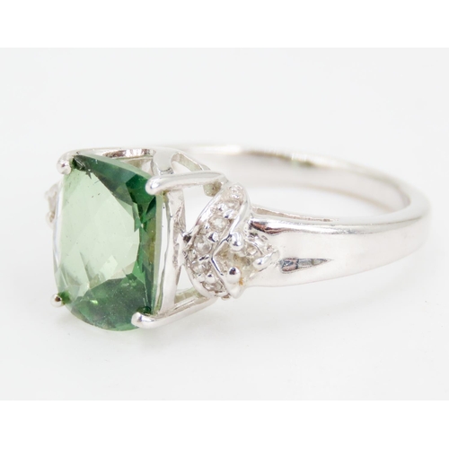 327 - Facet Cut Green Amethyst Centre Stone Ring Further Diamonds Set to Shoulders Mounted in 9 Carat Whit... 