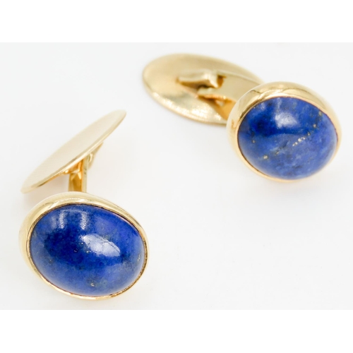 328 - Pair of Lapis Lazuli Set Cuff Links Mounted in 14 Carat Yellow Gold  1.5cm High