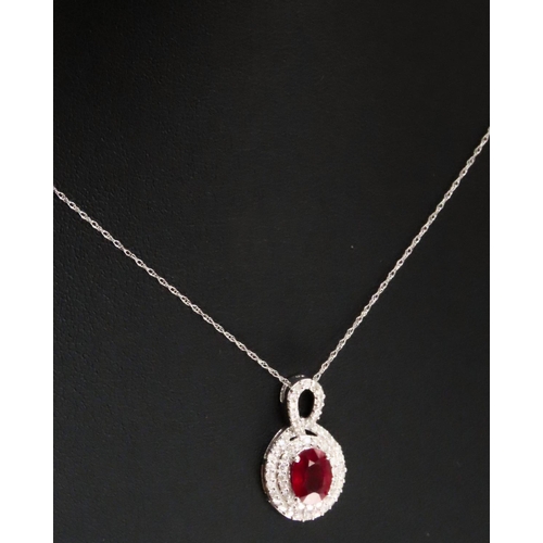 333 - Russian Ruby Set Pendant with Diamond Set Double Halo Surround Mounted in 9 Carat White Gold 2cm Hig... 