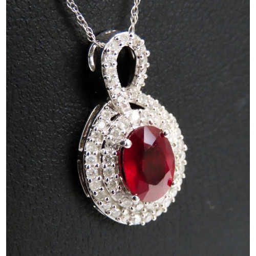 333 - Russian Ruby Set Pendant with Diamond Set Double Halo Surround Mounted in 9 Carat White Gold 2cm Hig... 