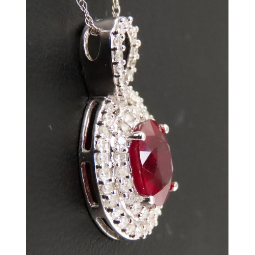 333 - Russian Ruby Set Pendant with Diamond Set Double Halo Surround Mounted in 9 Carat White Gold 2cm Hig... 