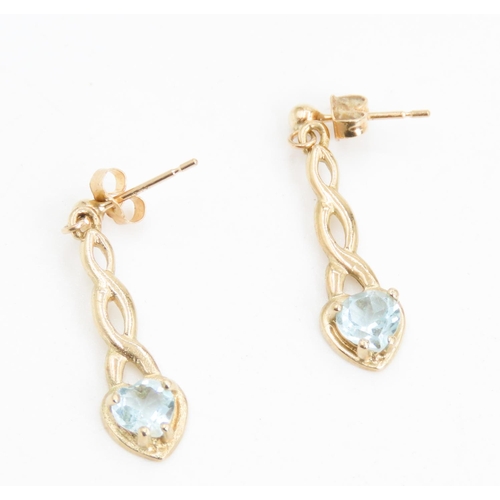 335 - Pair of Heart Cut Aquamarine Set Drop Earrings Mounted in 9 Carat Yellow Gold 2.5cm Drop