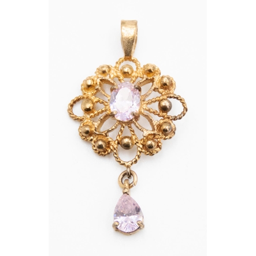 34 - Oval Cut and Pear Cut Pink Zircon Set Filigree Form Pendant Set in 9 Carat Yellow Gold Finely Detail... 