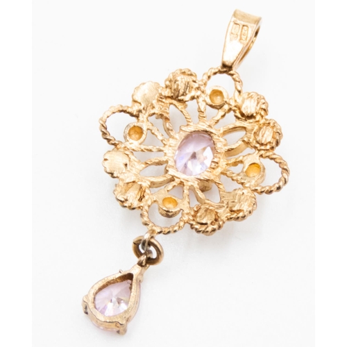 34 - Oval Cut and Pear Cut Pink Zircon Set Filigree Form Pendant Set in 9 Carat Yellow Gold Finely Detail... 