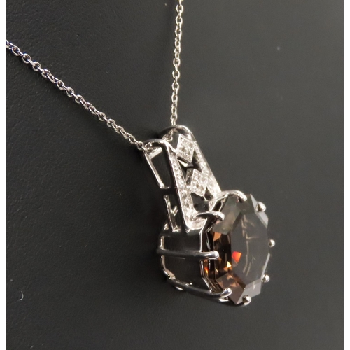 352 - Smoky Quartz Eight Claw Octagon Pendant Inset with Diamonds Set in 9 Carat White Gold 2.5cm High  Fu... 