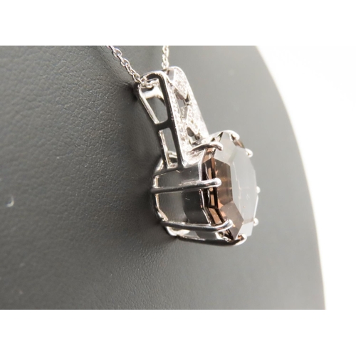 352 - Smoky Quartz Eight Claw Octagon Pendant Inset with Diamonds Set in 9 Carat White Gold 2.5cm High  Fu... 