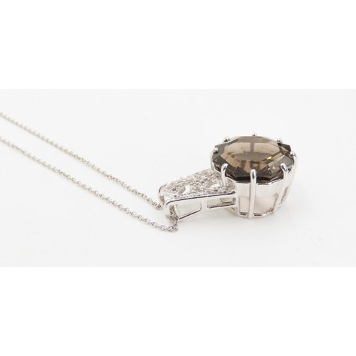 352 - Smoky Quartz Eight Claw Octagon Pendant Inset with Diamonds Set in 9 Carat White Gold 2.5cm High  Fu... 