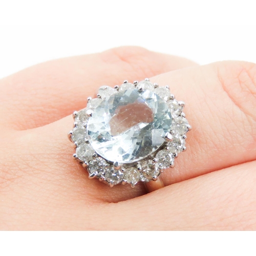 355 - Aquamarine and Diamond Set Ladies Cluster Statement Ring Mounted in 18 Carat White Gold Ring Size R