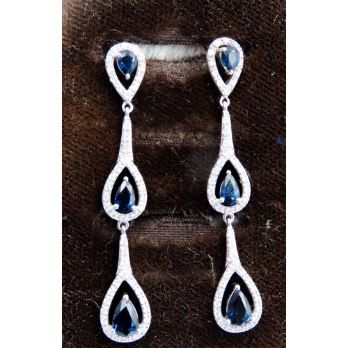 360 - Pair of Pear Cut Sapphire and Diamond Set Ladies Drop Earrings Set in 18 Carat White Gold 4.5cm Drop