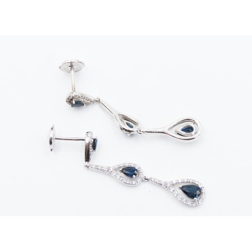 360 - Pair of Pear Cut Sapphire and Diamond Set Ladies Drop Earrings Set in 18 Carat White Gold 4.5cm Drop