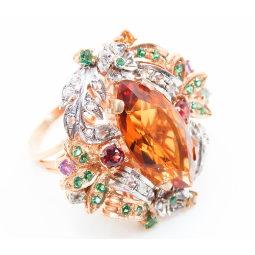 Belle Epoch Champagne Citrine Diamond Ruby and Emerald Cluster Surround  Mounted on 14 Carat Rose Gold Ring Size P and a Half