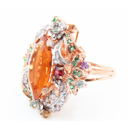 370 - Belle Epoch Champagne Citrine Diamond Ruby and Emerald Cluster Surround  Mounted on 14 Carat Rose Go... 