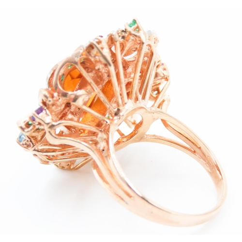 370 - Belle Epoch Champagne Citrine Diamond Ruby and Emerald Cluster Surround  Mounted on 14 Carat Rose Go... 