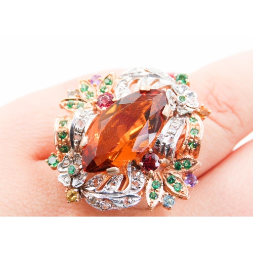 370 - Belle Epoch Champagne Citrine Diamond Ruby and Emerald Cluster Surround  Mounted on 14 Carat Rose Go... 