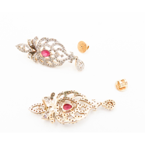 374 - Pair of Ruby and Diamond Set Cluster Drop Earrings Attractively Detailed Set in 18 Carat Yellow Gold... 