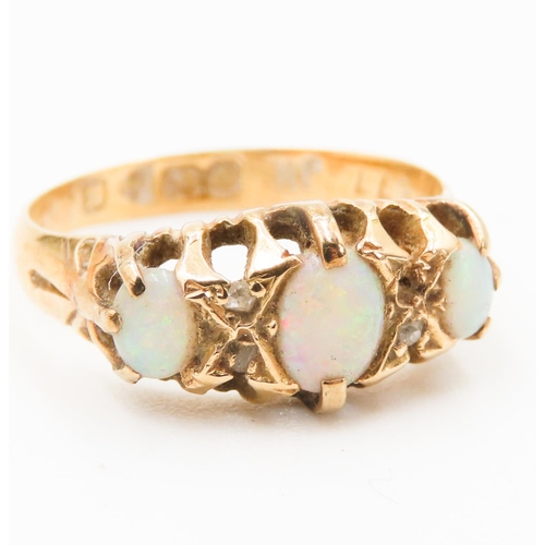 375 - Opal Three Stone Ring Set in 18 Carat Yellow Gold Finely Detailed Further Diamond Inset Ring Size I