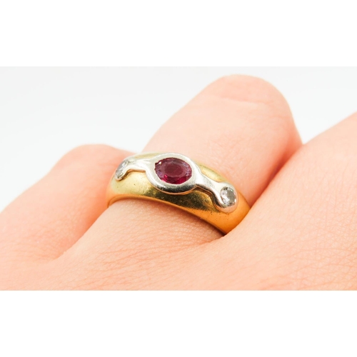 378 - Ruby and Diamond Bezel Set Three Stone Ring Set in Platinum Mounted on 18 Carat Yellow Gold Ring Siz... 