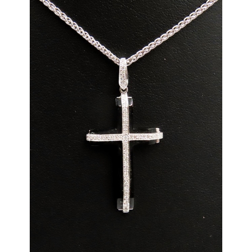 382 - Unusual Black Onyx Diamond Set Cross Pendant Mounted on 14 Carat White Gold 4cm High Further Set on ... 