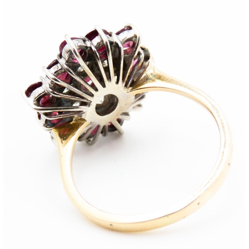 386 - Ruby and Diamond Set Ladies Statement Cluster Ring Set in 18 Carat Yellow Gold Ring Size R Finely De... 