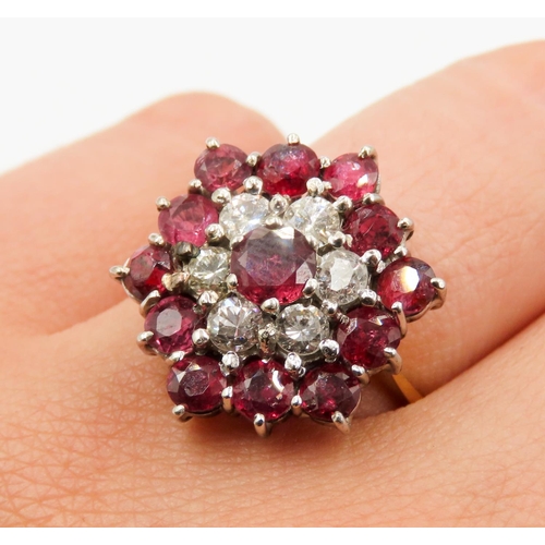 386 - Ruby and Diamond Set Ladies Statement Cluster Ring Set in 18 Carat Yellow Gold Ring Size R Finely De... 