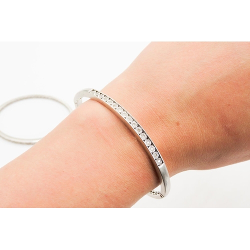 390 - Two Diamond Set Ladies Silver Bangle Bracelets Inner Width Each 7cm