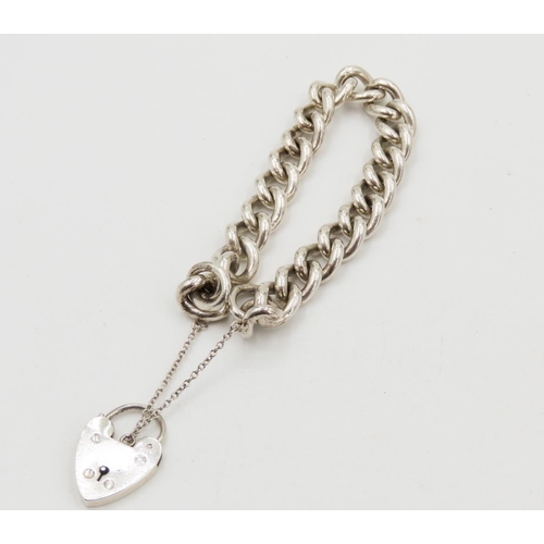 395 - Silver Curb Link Bracelet Heart Padlock Clasp with Safety Chain 18cm Long