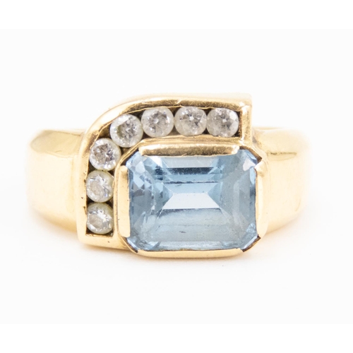 4 - Emerald Cut Aquamarine and Gemstone Set Geometric Form Ring Mounted in 18 Carat Yellow Gold Ring Siz... 