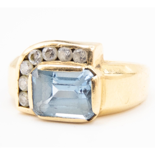 4 - Emerald Cut Aquamarine and Gemstone Set Geometric Form Ring Mounted in 18 Carat Yellow Gold Ring Siz... 